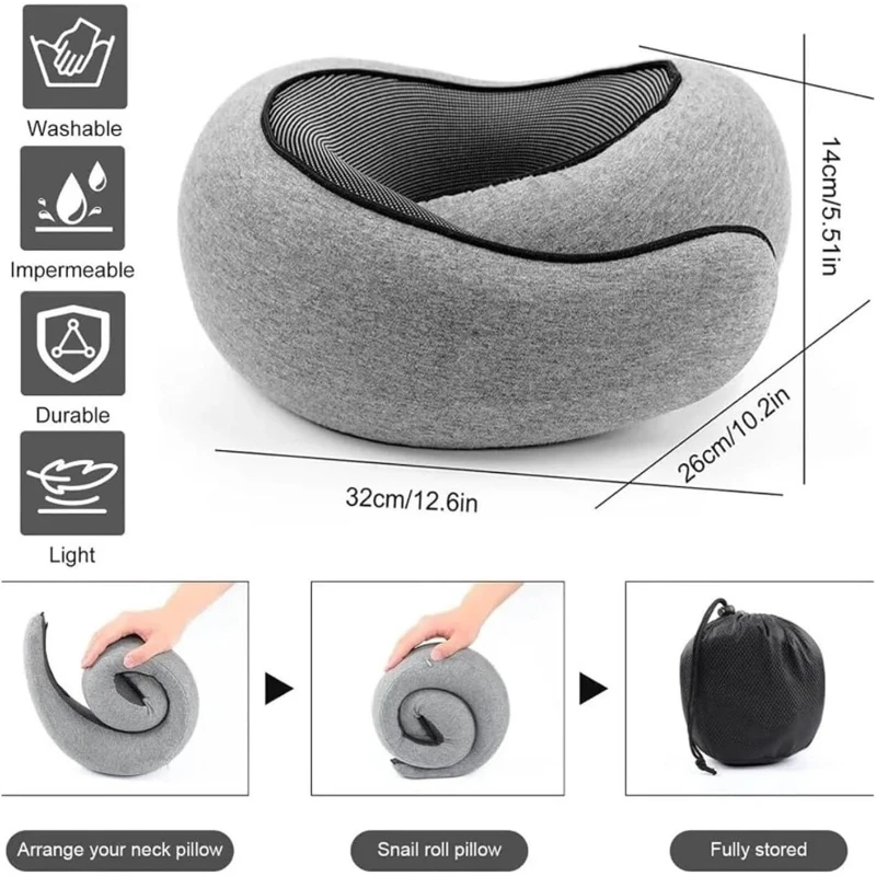 U-Shaped Pillow Snail Style Travel Neck Pillow Memory Foam Travel Neck Support Portable Adjustable Soft Noon Break Sleep Pillows