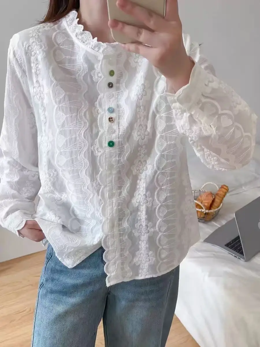 Women's Stand Collar Cotton Blouse Mori Girl Floral Embroidery Scalloped Placket Shirt with Colorful Buttons Long Sleeve Tops