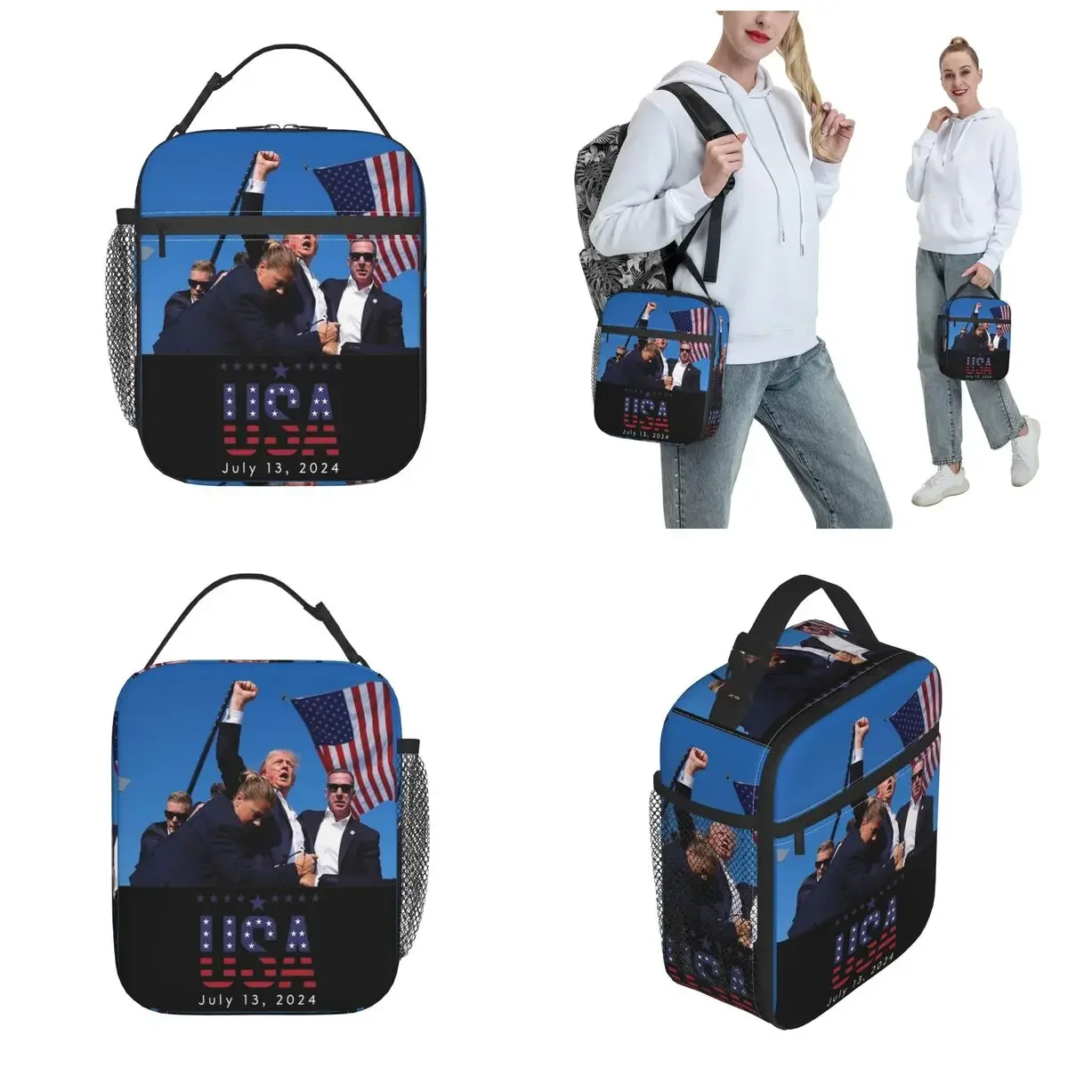 Donald Trump Rally Shooting 2024 Thermal Insulated Lunch Bags Fight for America Portable Food Bags Cooler Thermal Lunch Box