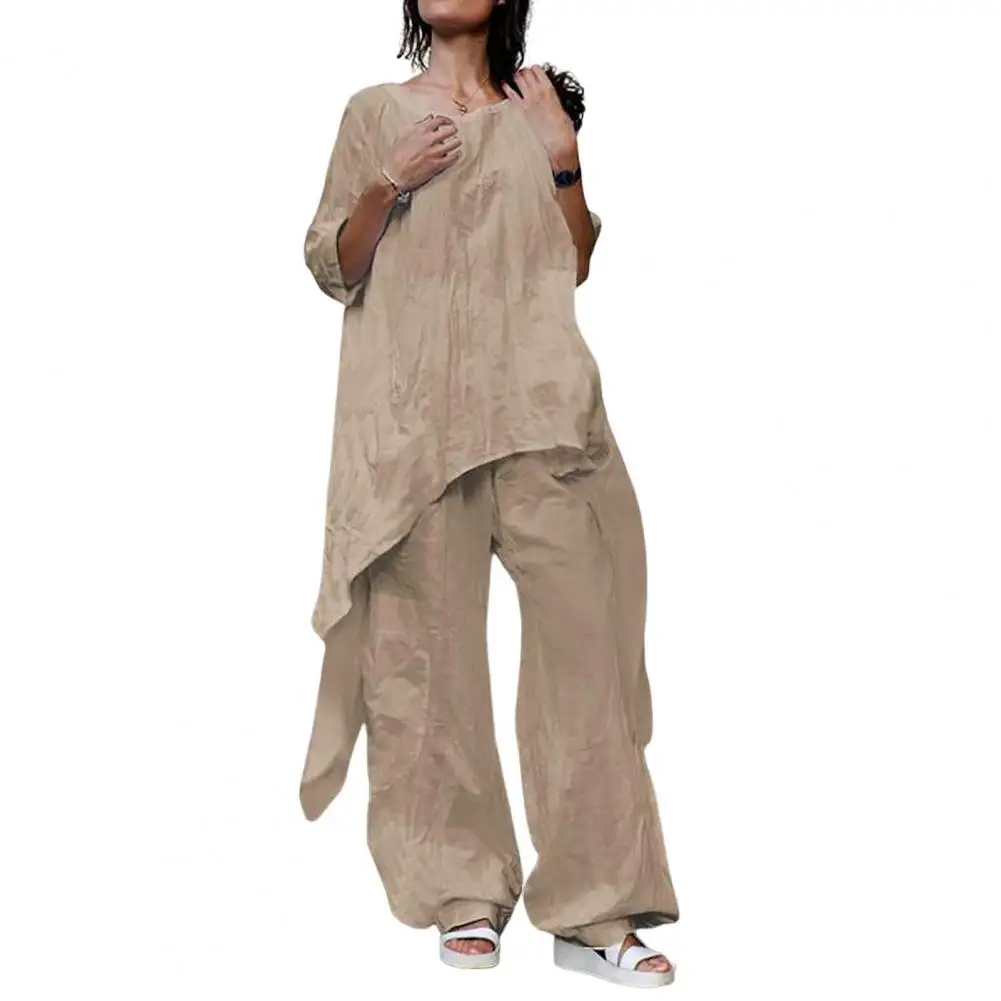 Two-Piece Set Women Outfit Shirts Pants Cotton Linen Solid Color Wide Leg Trousers Suit Women Summer