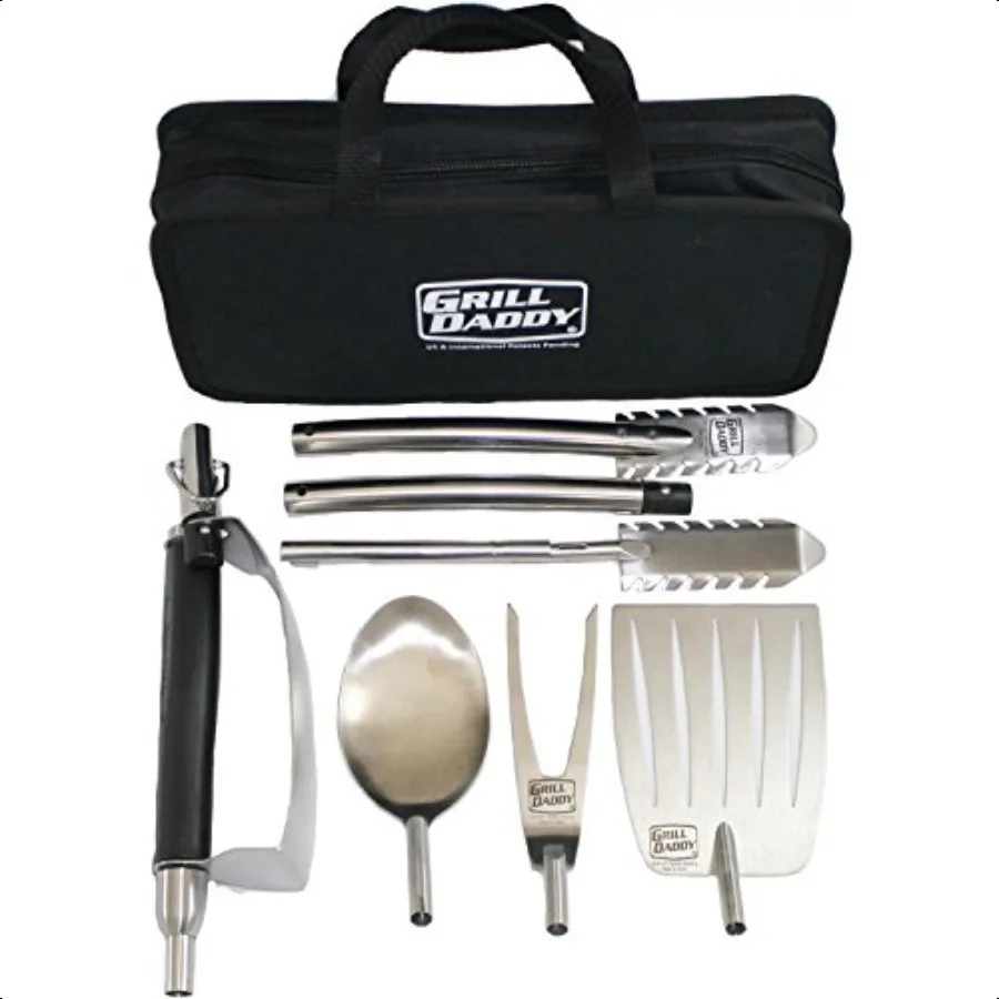 

Grill Daddy BBQ Tailgate Grill Accories Set 6 Piece Full Size Barbeque Set Spatula Tongs Fork Spoon and Multitool Comes in Nice