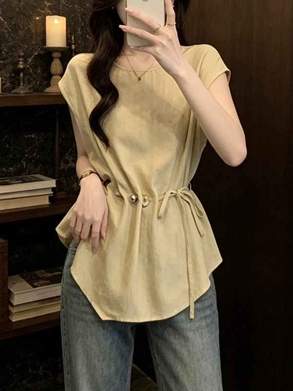 

Summer Women's Shirt Short Sleeve Beaded Waist Cinched Irregular Top Korean Style Loose Fit Comfortable Breathable Cotton Blend