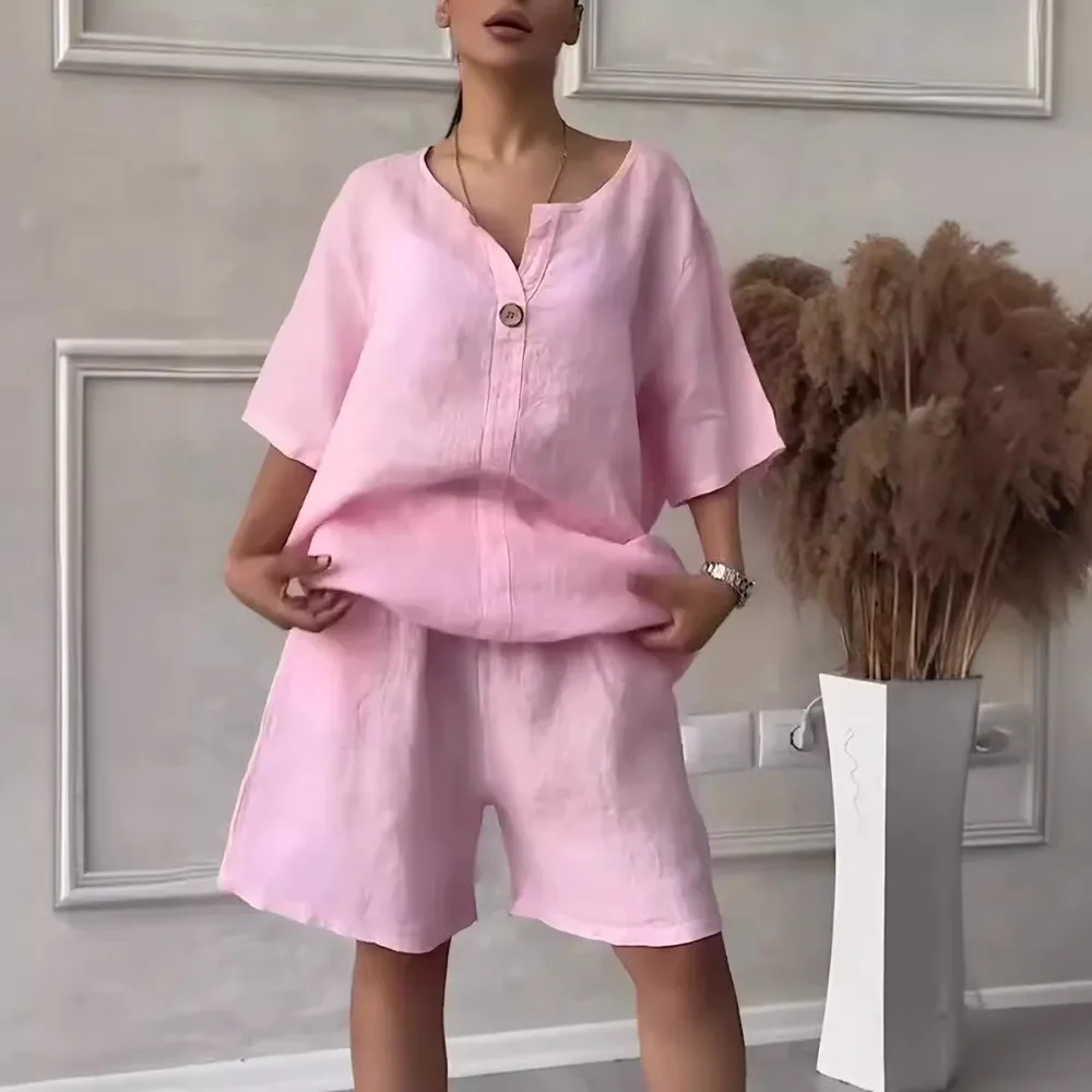 

Two Piece Sets Womens Outifits Cotton Linen Костюм Женский Летний Short Sets Fashion Clothes Women Clothing Casual Streetwear