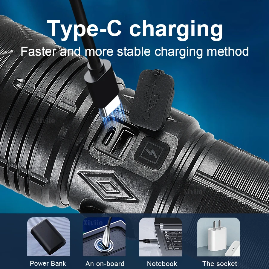 90000000LM High Power LED Flashlight 4500M Long Range Torch Built-in Battery With COB Light Zoomable Camping Outdoor  Lantren