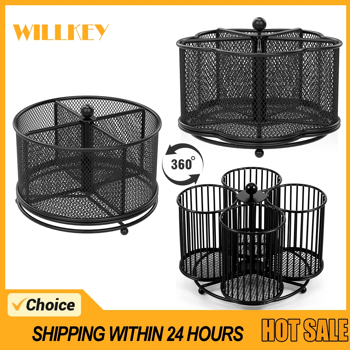 Metal Utensil Caddy 360 Degree Rotating Cutlery Holder 3/4/5 Compartment Flatware Storage Basket for Kitchen Camping Countertop