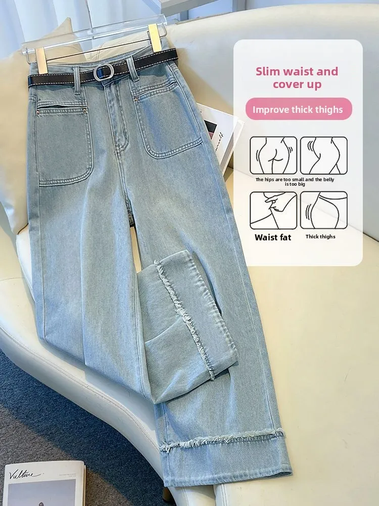 Calça jeans feminina cintura alta, lavagem leve, perna larga, longa, com bainha desfiada, ajuste solto, tendência da moda 2026