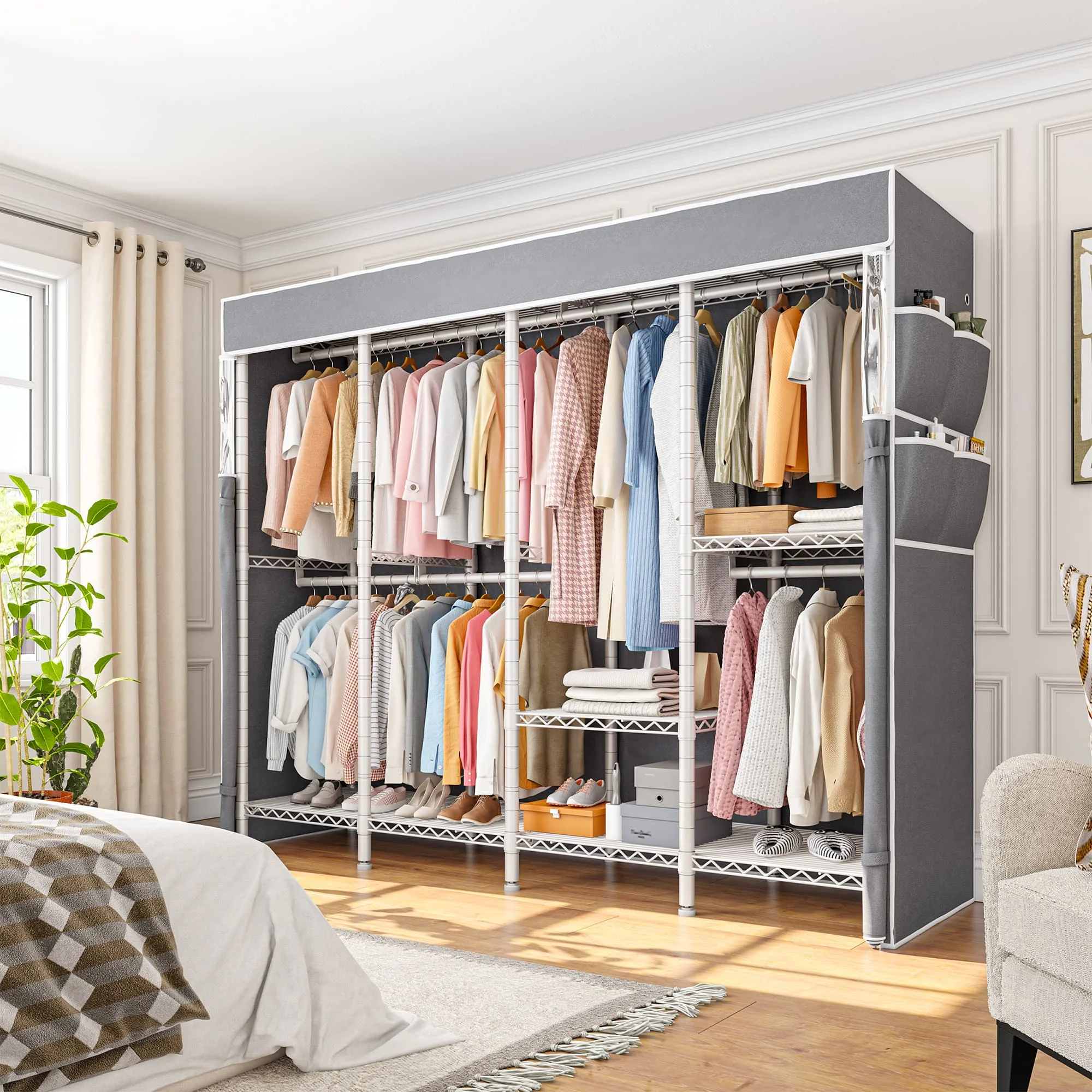 Heavy‑Duty 1150 LBS Clothes Rack with Full Dust Cover – 5 Hanging Bars, 6 Storage Shelves, Tool‑Free Assembly, Adjustable – Large‑Capacity Wardrobe Stand for Closet, Bedroom, or Retail Display