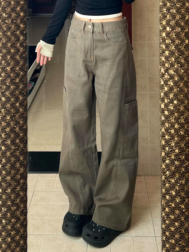 

Loose Wide Leg Men's Jeans Coffee Color Spring Vintage Cleanfit Logging Pants Casual Straight Leg Cotton Polyester Blend