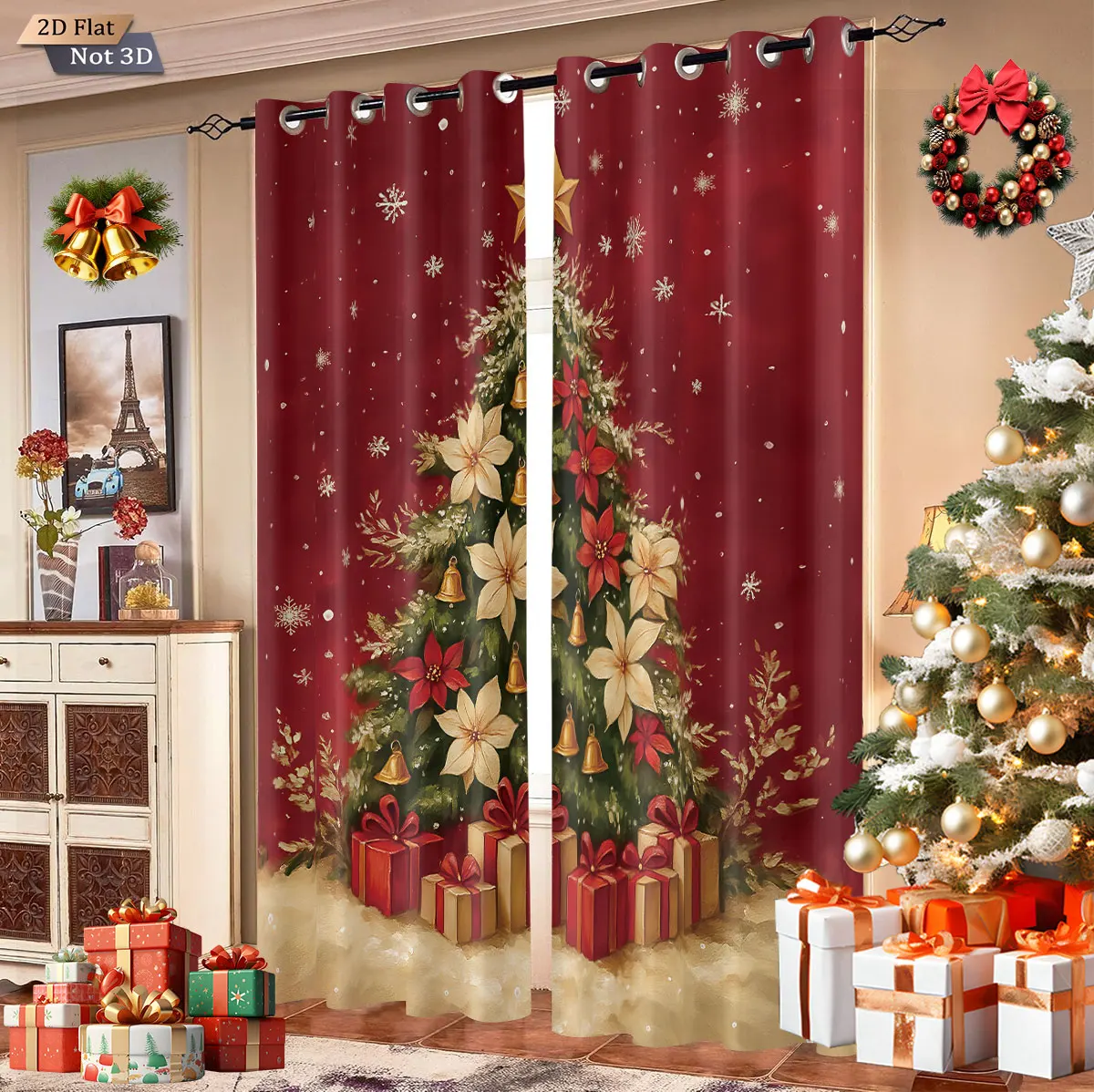 2 Stück Verdunkelungsvorhänge mit Weihnachtsbaum-Aufdruck, mehrere Größen, Wohnzimmer, Schlafzimmer, Urlaub, Isolierung, Dekoration, maschinenwaschbar