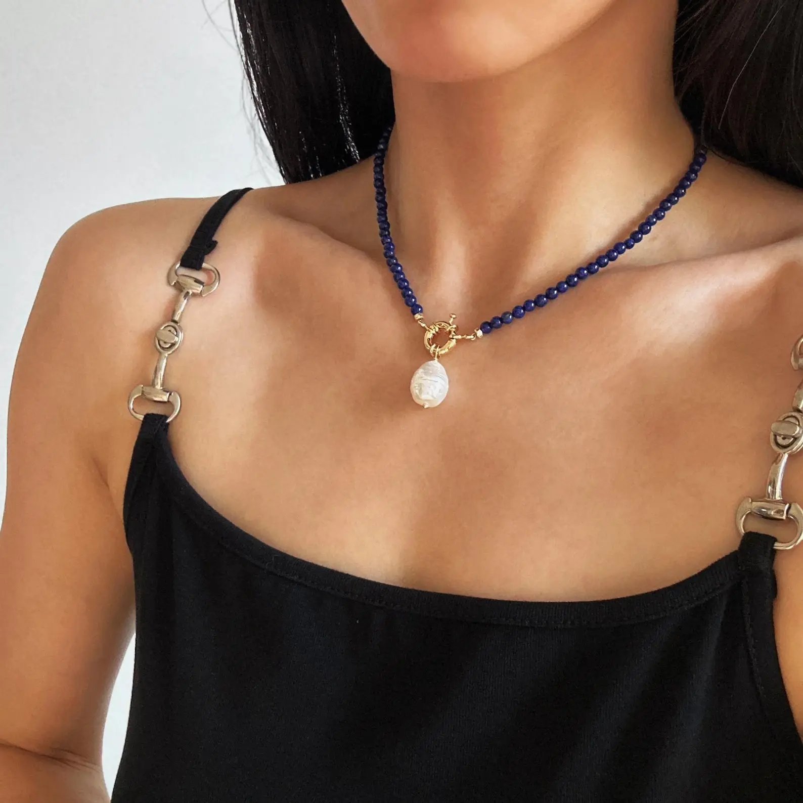 

MYSOYA 12-14mm Lapis Lazuli with Baroque Pearl Pendant, for Girlfriends/ Elders, Suitable for Weddings/ Mother's Day Gifts A0490