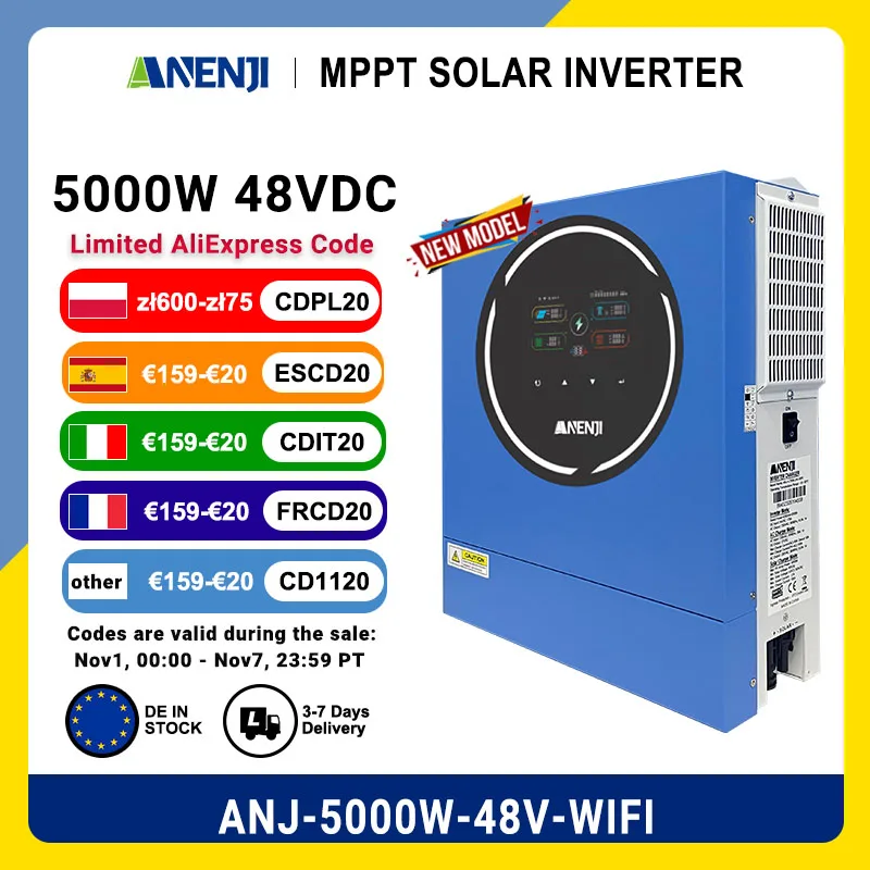 ANENJI 5KW 48V Dual Outputs Hybrid Solar Inverter Pure Sine Wave On/Off grid inversores Built-in WIFI Cool RGB Lights Screen