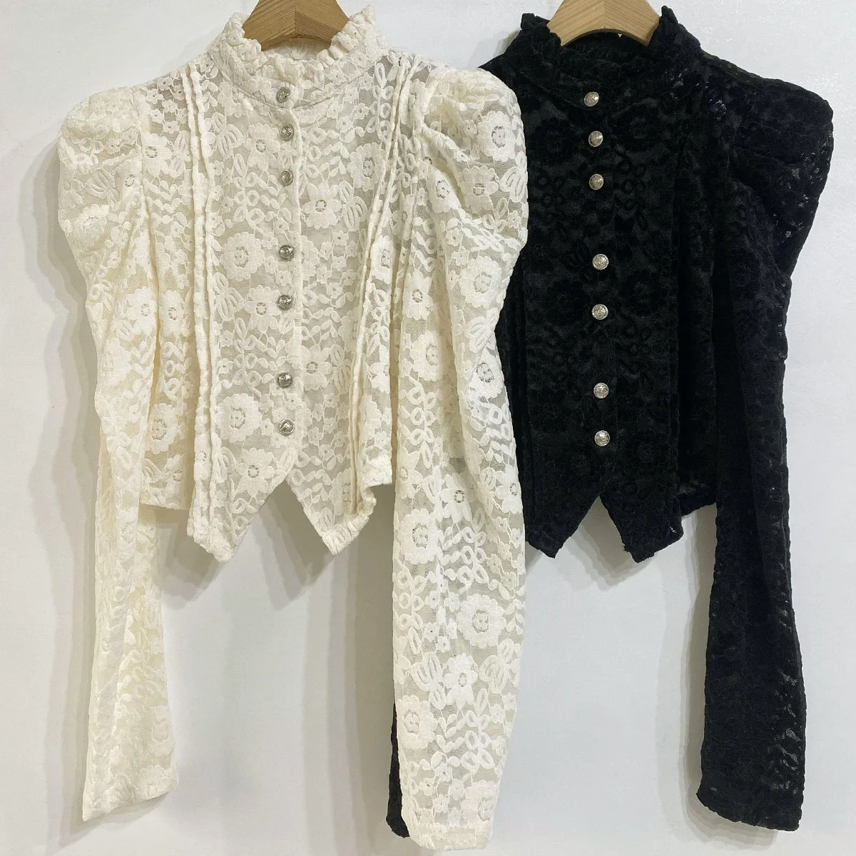 Chique Herfst Winter Kant irt Bubble Sve uitgehold Lange Sve Opstaande Kraag Holle Haak Bloem Basis Top Franse Sle Dames...