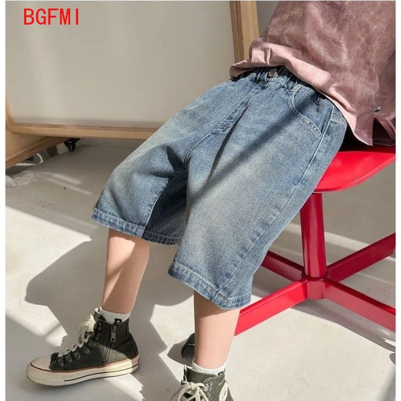 Korean Kids Boy Loose Straight Casual Jeans Shorts Child Blue Denim Shorts 4-14Y Junior Bottoms Summer Clothes for Teen Boys view 3