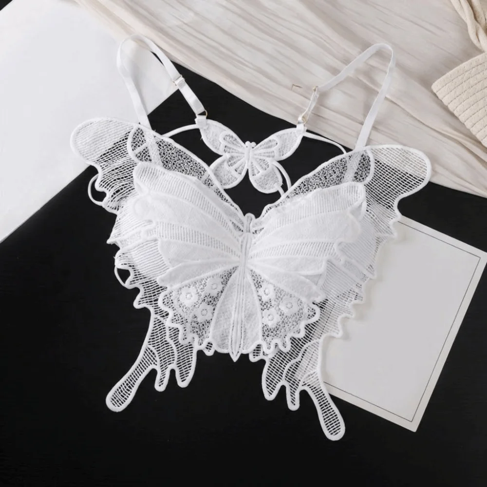 

Crop Top Backless Butterfly Bras Slim Fit Korean Style Lace Camisole Padded Flower Hollow-out Vest Tops Beach Wear