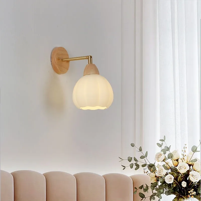 

Japanese style original wood creative bedside wall lamp Nordic cream style bedroom study warm and romantic living room