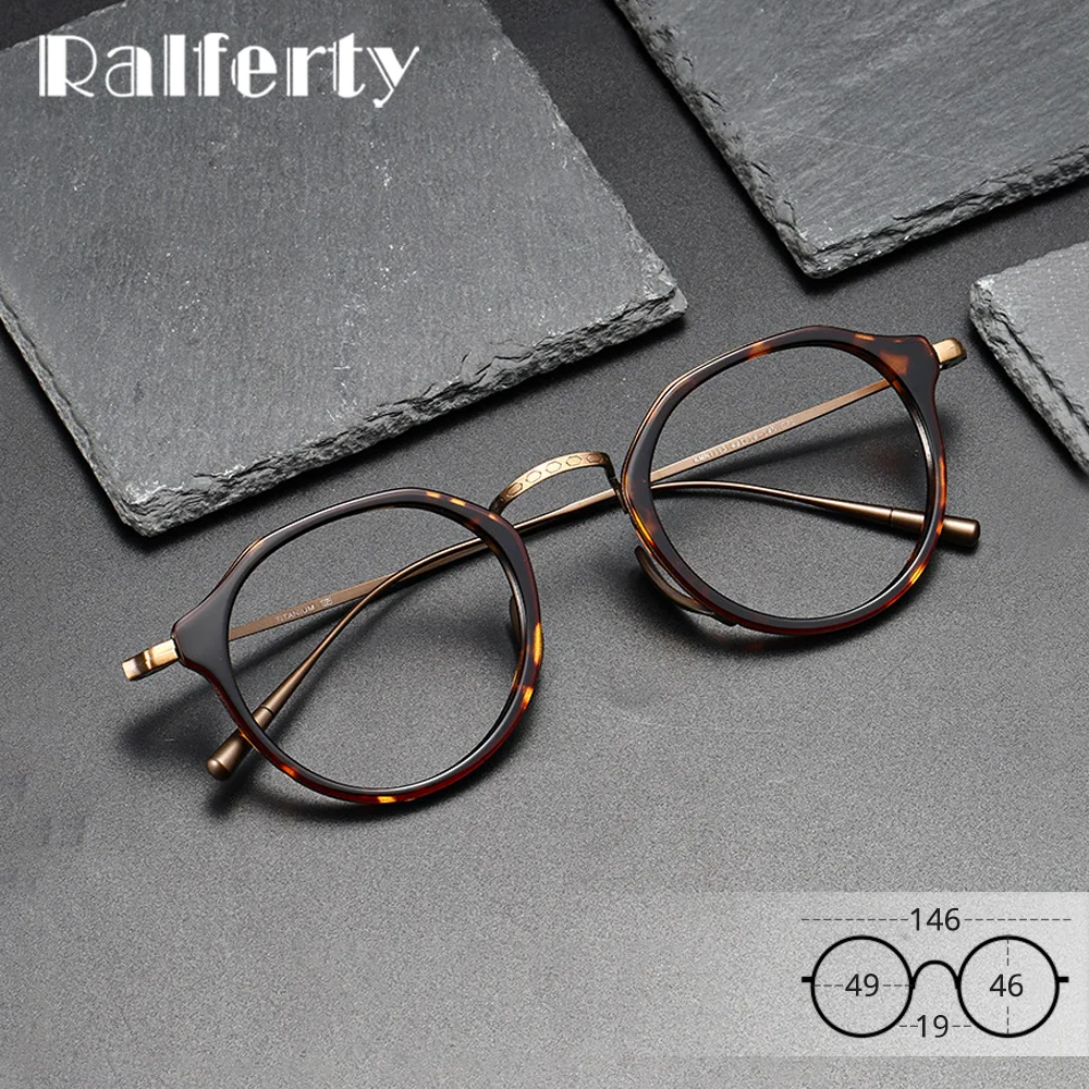 Ralferty Acetate Titanium Glasses Frame For Man Retro Leopard Unisex Myopia Prescription Eyeglasses Frame Men Women 146mm width