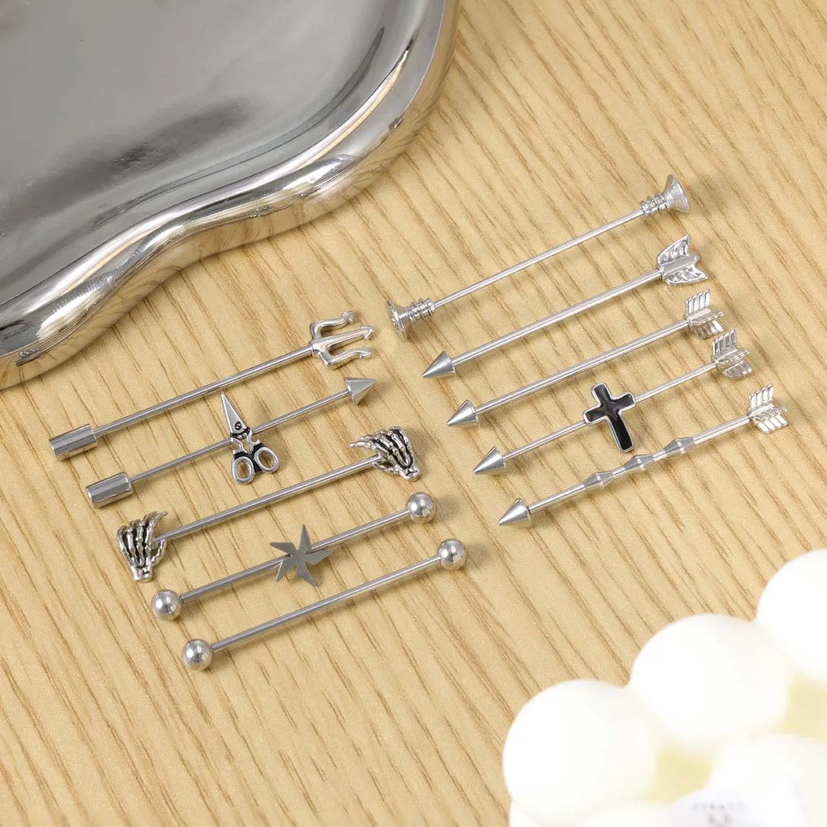 16G Skeleton hand Industrial Barbell Surgical Steel Short Cartilage Earring Body Piercing Jewelry for Women Men Rod Length 38mm