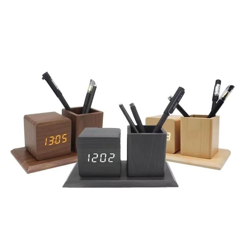

Light Emitting Diode Smart Alarm Clock Home Office Desktop Pen Holder Wooden Clock with Electronic Clock