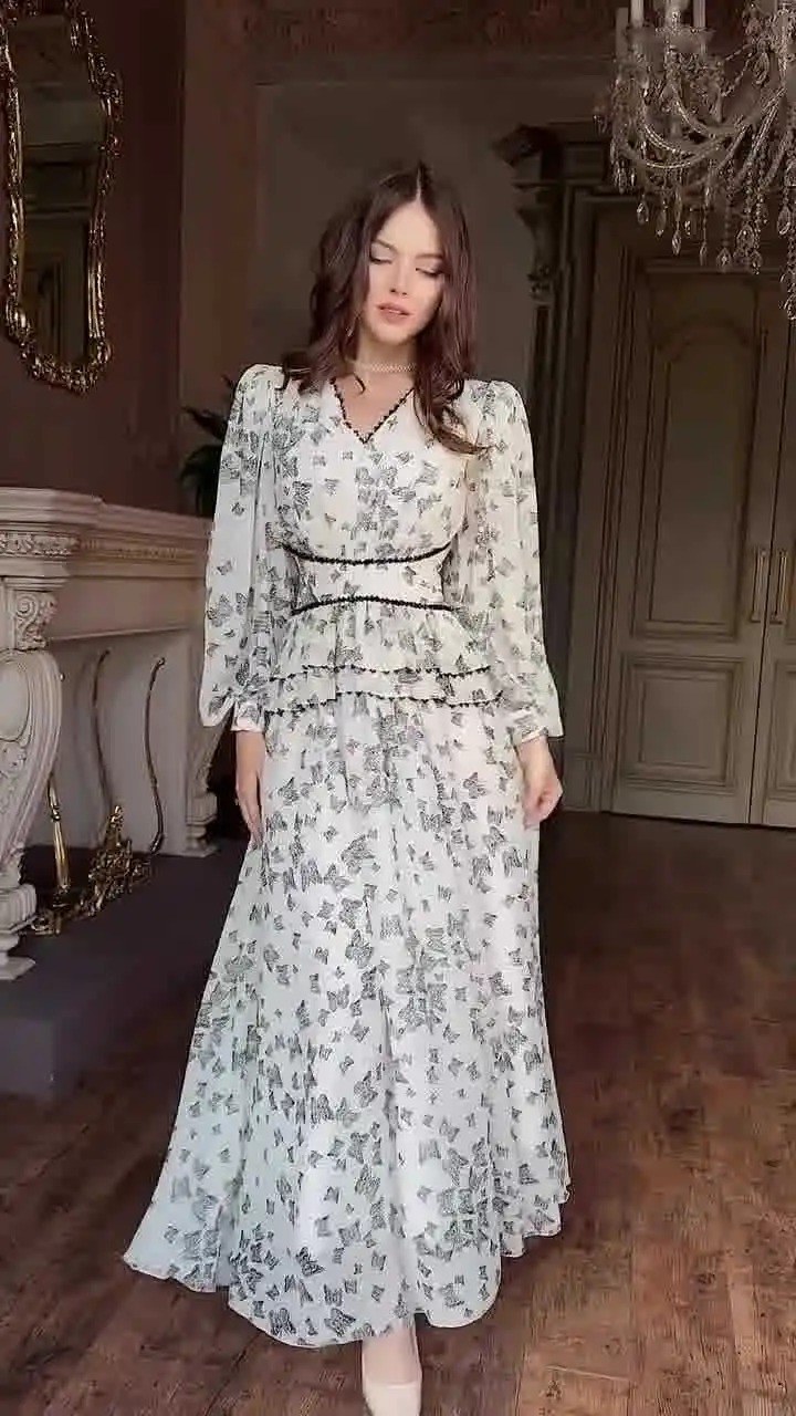 

European and American cross-border long skirt summer 2026 new elegant temperament waist cinched V-neck dress for women