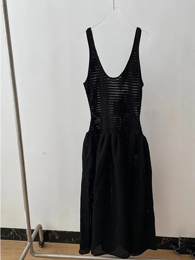 U pescoço esqueleto feminino malha vestido de guarda-chuva, vestido Midi sem mangas, lantejoulas adornadas, preto, crochê, temperamento