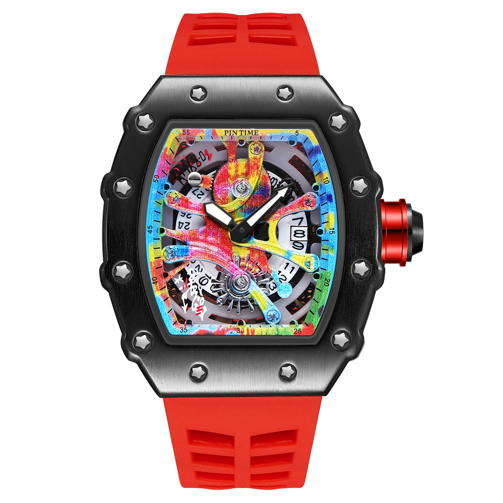 

Fashion Men Quartz Watches Kongo 68-01 Graffiti Dial Red Strap Auto Date Luminous Hand Silicone Band Sport Wrist Watch