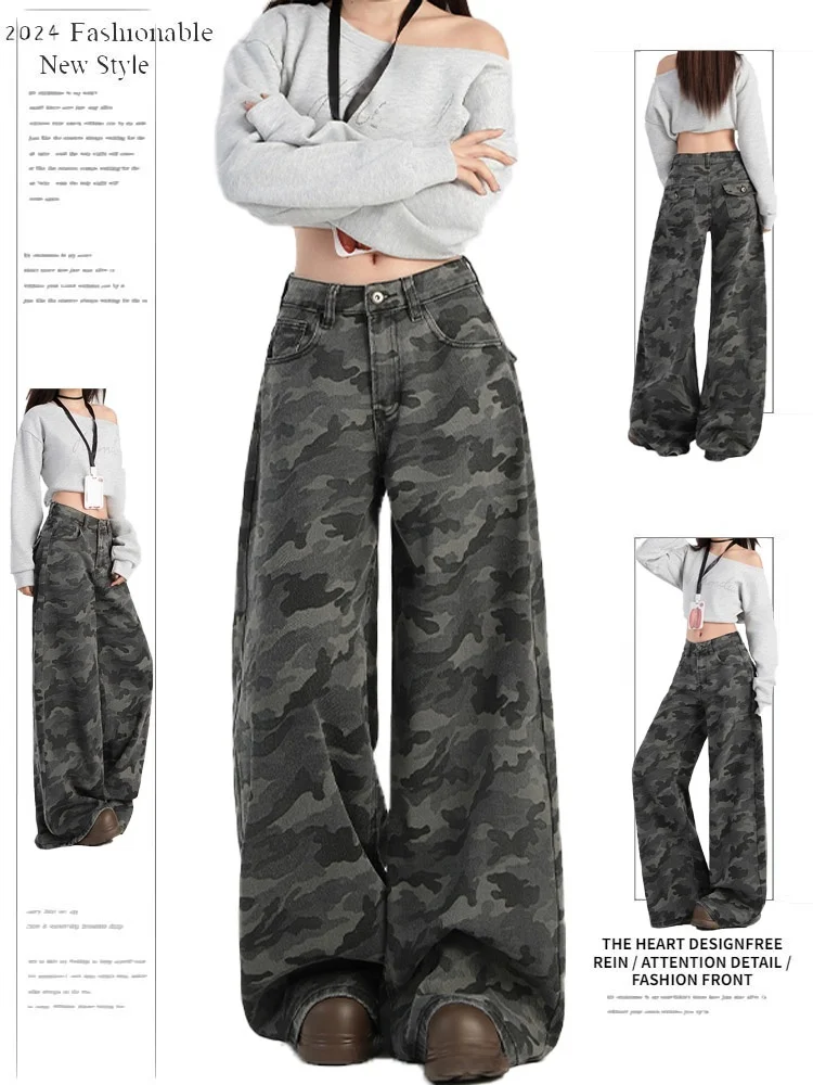 

American Sle Retro Camouflage Work Pants Women High Waist Wide Leg Jeans Loose Slimming Spring Autumn New Street Sle