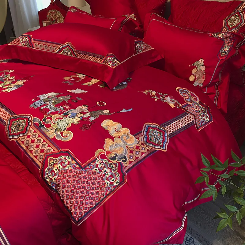 Four-piece satin cotton embroidered wedding bedding Baizi Tianxi