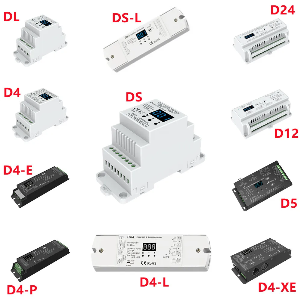 

DMX Decoder Numeric D4 D4-E D4-XE D5 D12 D24 DS DS-L DMX512-SPI Decoder and RF Controller CV display/Din Rail/Multiple dimming