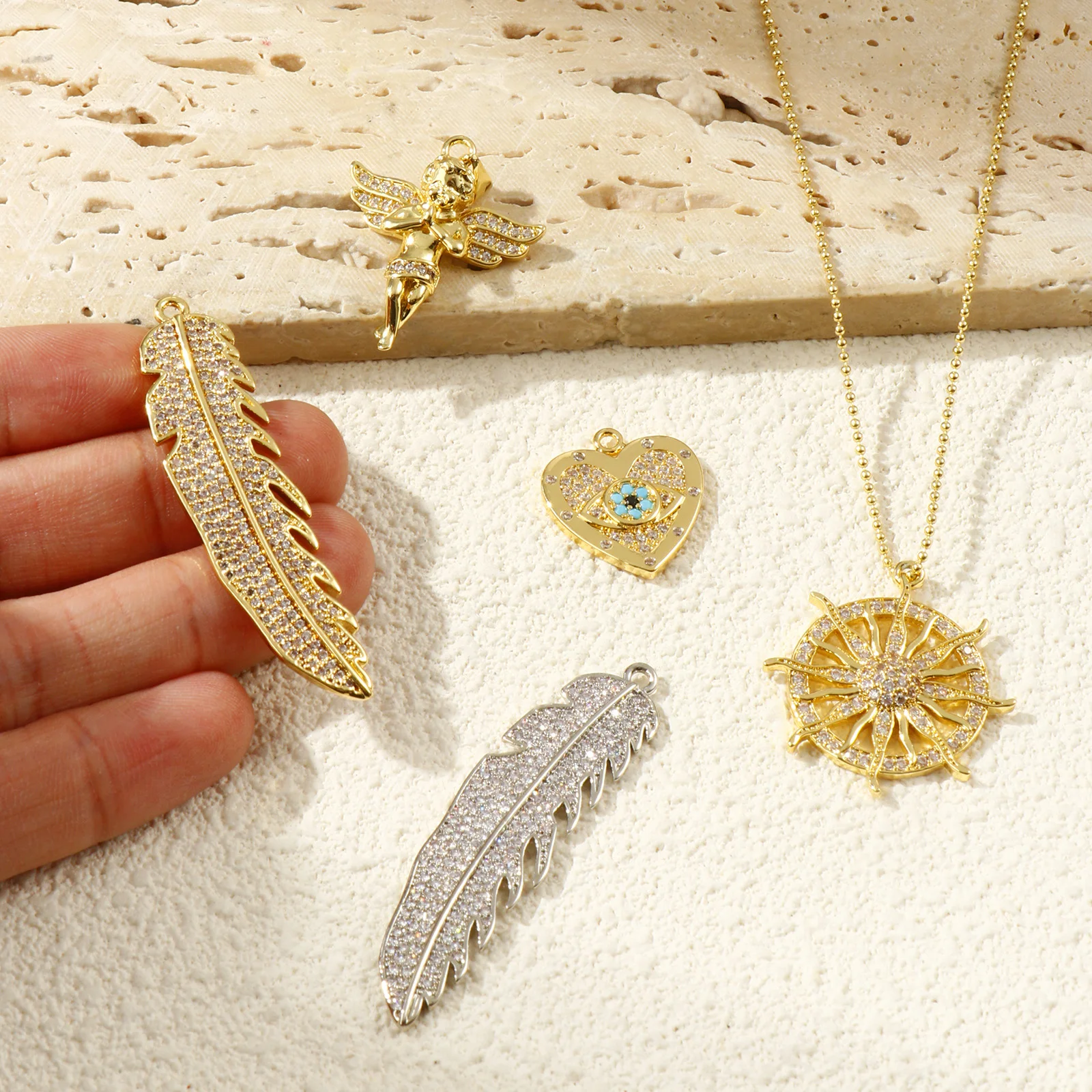 1 قطعة موضة كاملة مايكرو تمهيد زركون القلب دلايات لصنع القلادة 18K مطلية بالذهب النحاس الملاك قلادة على هيئة ريشة DIY بها بنفسك #2