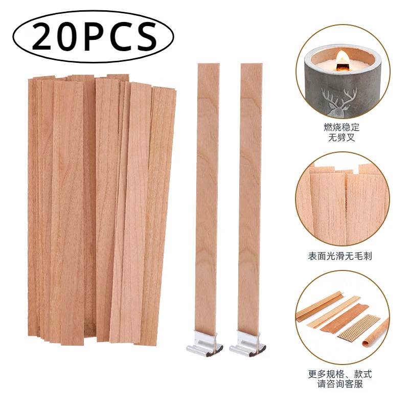 20pcs Wooden Candles Wick DIY Candle Making Kit Smokeless Candle Core with Clip Base Handmade Candle Wood Core Candlewick