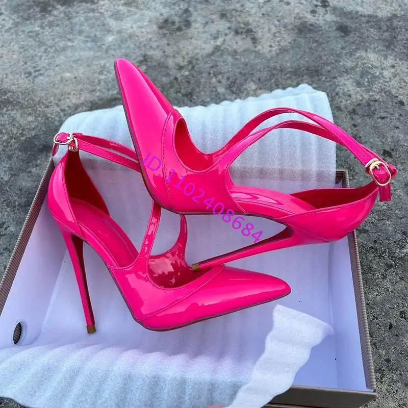 Women 12Cm Heel Peach Red Cross Strap Dress Shoes Pointed Toe Patent Leather Nightclub Fuchsia Cross Buckle Stiletto Heels