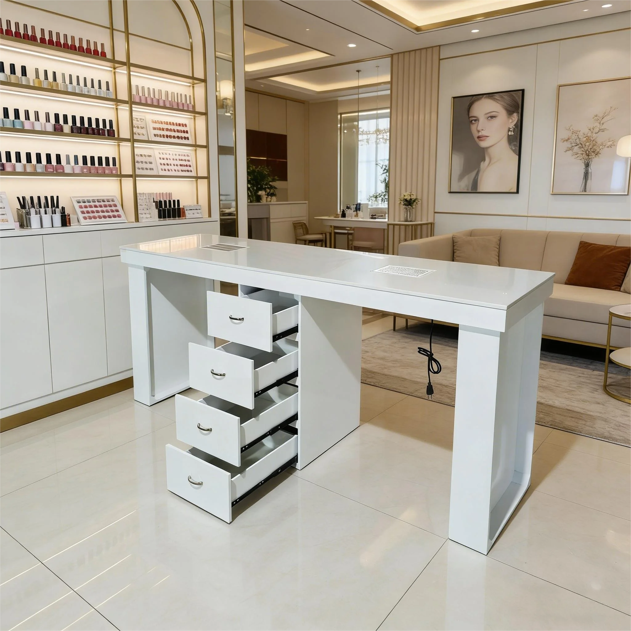 Modern Salon Nail Technician Manicure Table with Dust Collector Luxury Double Marble Top Nail Care Table