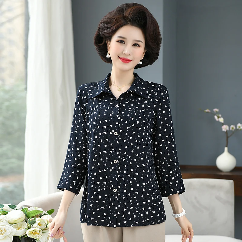 2023 New Women Tops Polka Dot Blouse Turn Down Collar Long Sleeve Shirts Loose Vintage Blouses Women