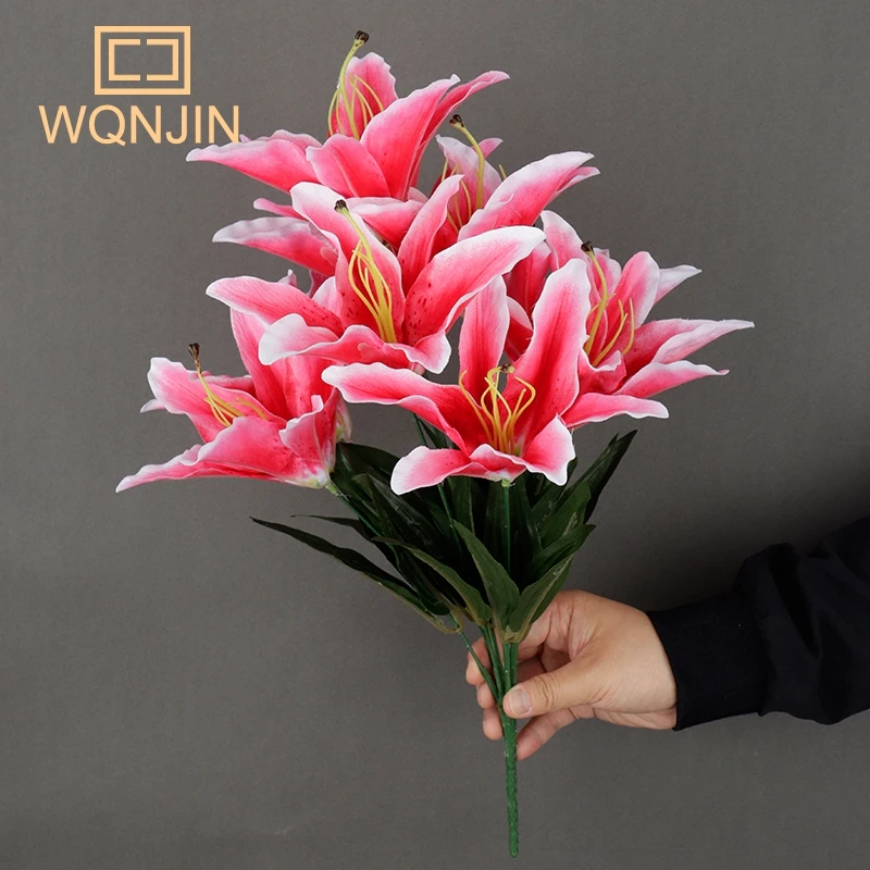 Künstliche Lilienblumen mit 9 Köpfen, europäischer mehrfarbiger gefälschter Brautblumenstrauß, Hochzeit, Zuhause, Party, Dekoration, Blumen – Detail 5