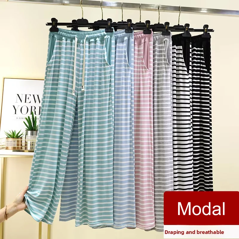 Celana Kasual Modal Besar untuk Wanita, Celana Lurus Bergaris Tipis, Celana Lebar, Celana Santai Longgar dengan Kantong, Celana Piyama Rumahan