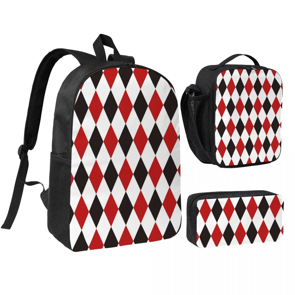 Harlequin Plaid Playing Cards Diamond Backpack Student BookBag School Bag Shoulder Bags 3ps Insulated Lunch Bag Pencil Case