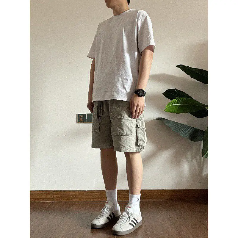 

Retro Workwear Short Pants Magic Tape Multi-Pocket New Vintage CleanFit Spring Youthful Daily PU Leather Short Legs
