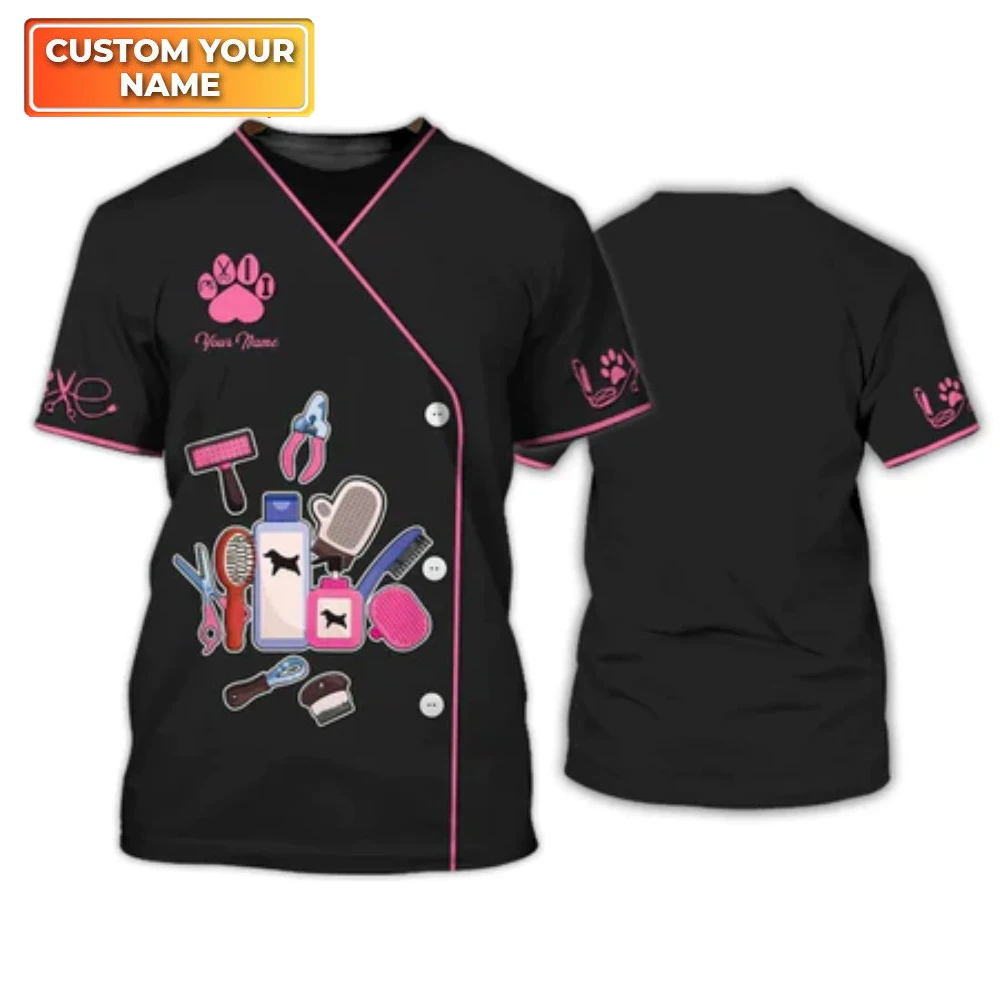 Women\'s Casual Pullover Female Pet Groomer Personalized Name Workwear T Shirts Dog Grooming Graphic Printed Short Sleeve Tops