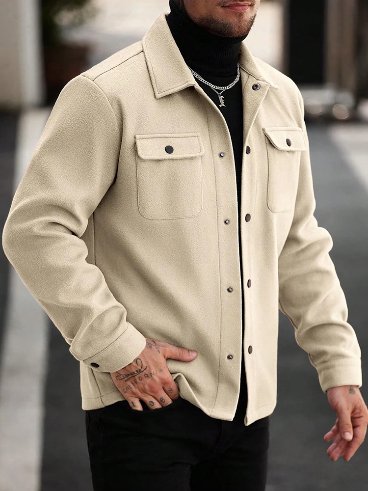 Fashion Mens Turn-down Collar Woolen Jacket 2026 Autumn Streetwear Casual Long Sleeve Button-up Coats Men Classic Outerwear
