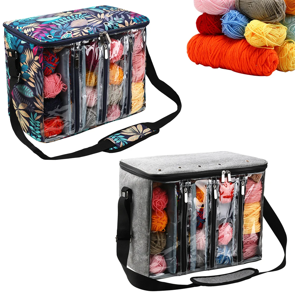 

Visible Yarn Storage Bag With Shoulder Strap 600D Oxford Cloth Knitting Tote Bag Waterproof Crochet Hooks Knitting Storage Bags