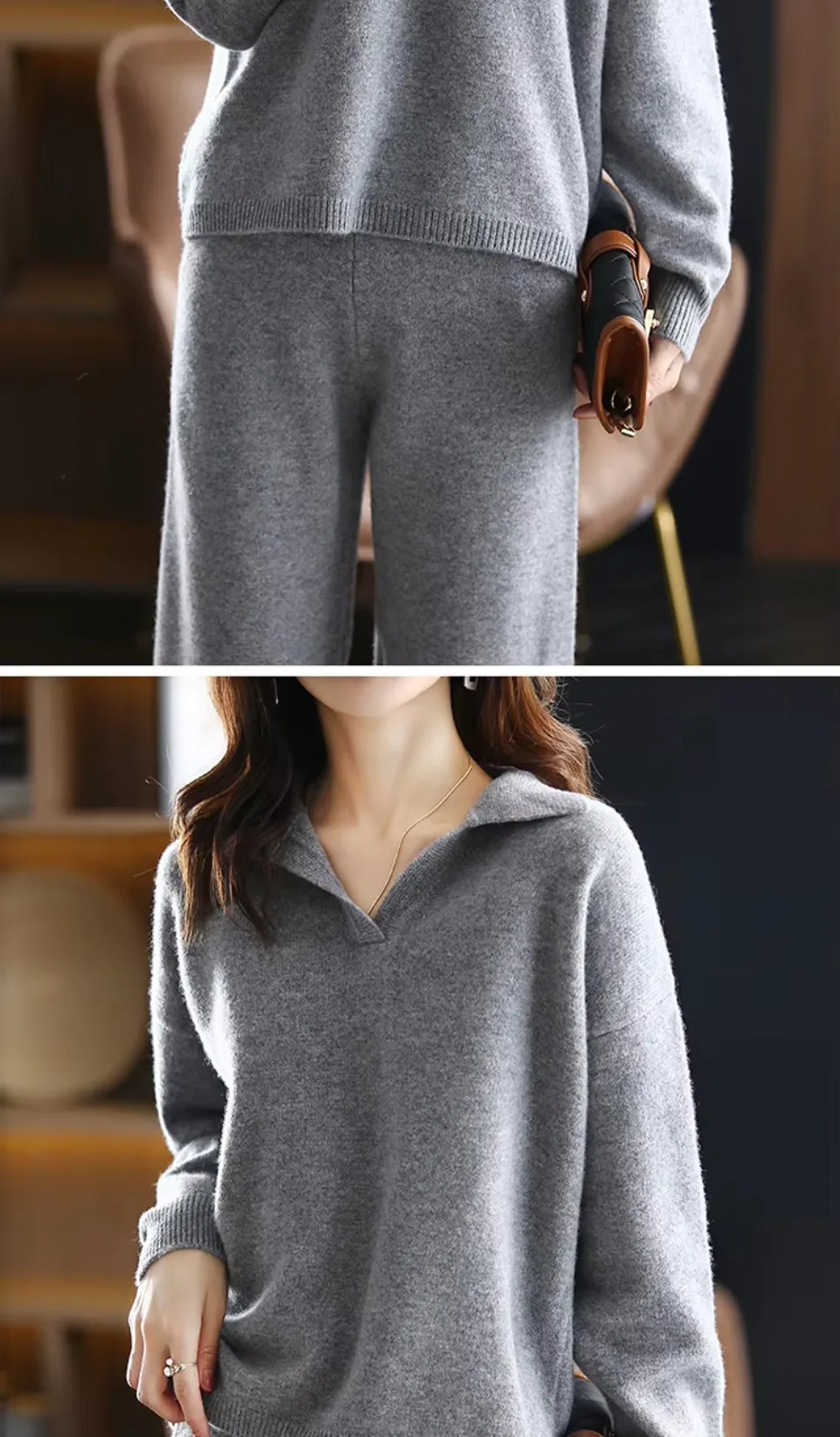 Winter 2026 Neuer Kaschmiranzug für Damen, lockerer Pullover mit Revers, lässige, weit geschnittene Hose, gestrickt, 100 % reine Wolle, zweiteiliger Anzug – Detail 15
