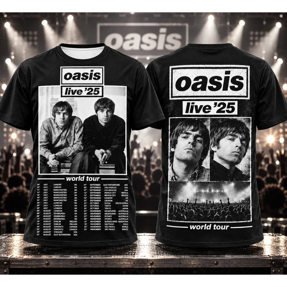 Oasis Live '25 World Tour Graphic T Shirt Men Women Vintage Britpop Rock Band Tee Unisex Casual Streetwear Fans Top