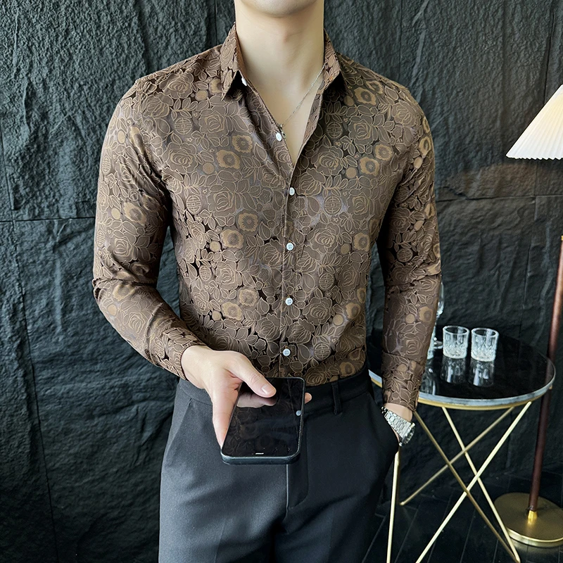 Camisas De Hombre Men Fashion Long Sleeve Jacquard Shirt High Quality Luxury Business Slimming Social Elegant Dress Casual Shirt