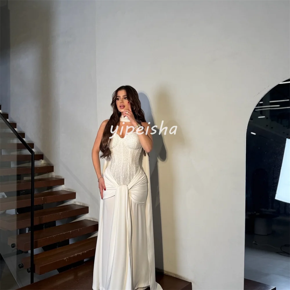 맞춤형 매칭 섹시한 저지 플리츠 주름 장식 비즈 장식 스팽글 장식 A라인 스트랩리스 롱 드레스 맞춤형 행사 드레스 정교한