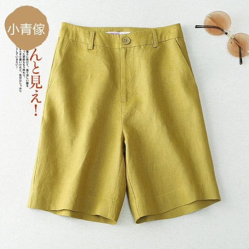 High Waist Cotton Linen Shorts Women's Summer New Style Thin Casual Wide Leg Pants Five-Quarter Length Straight Cut