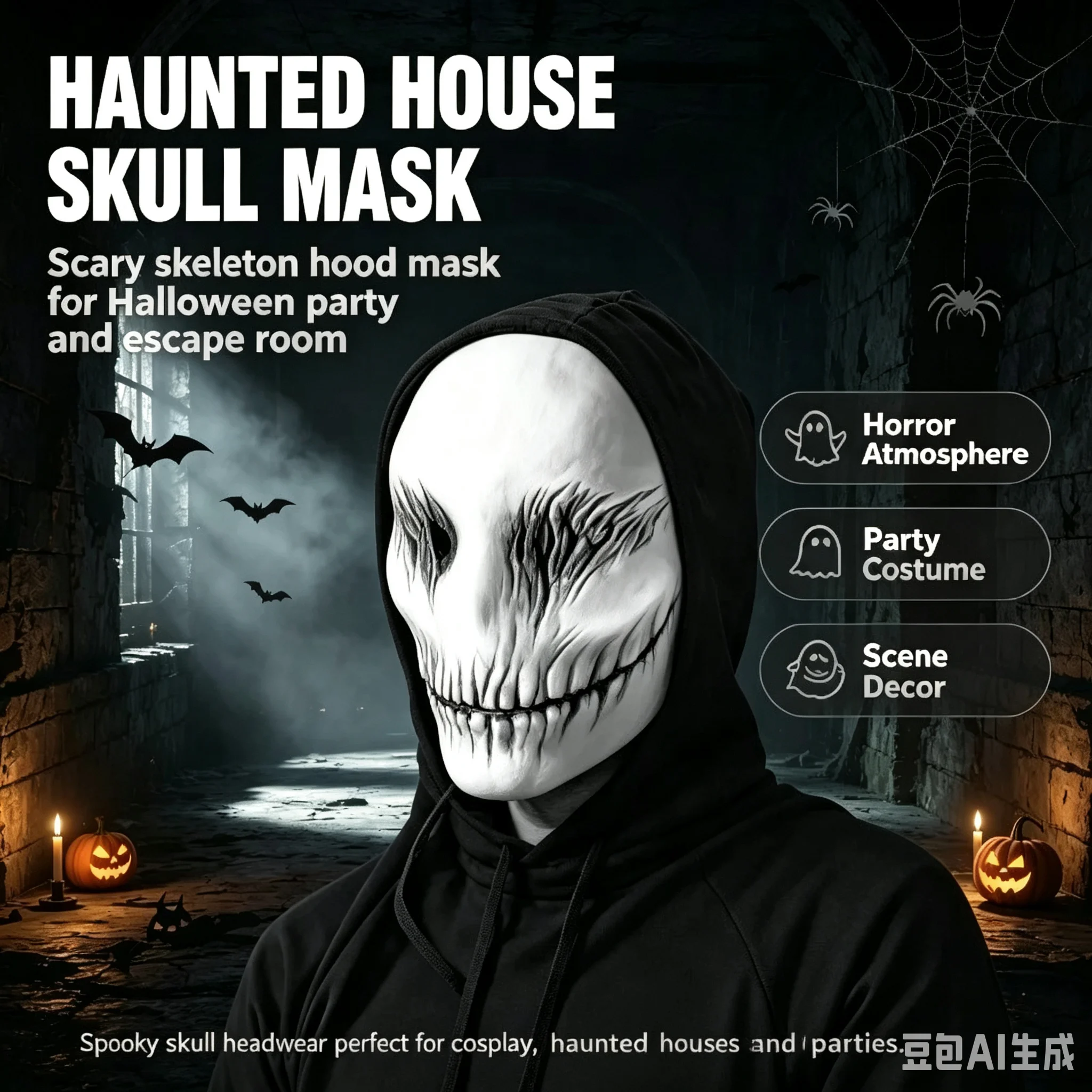 Maschera a forma di teschio intero, accessorio per la testa, casco a forma di teschio realistico e resistente, ideale per feste di Halloween, decorazioni per case infestate e sale giochi a tema.