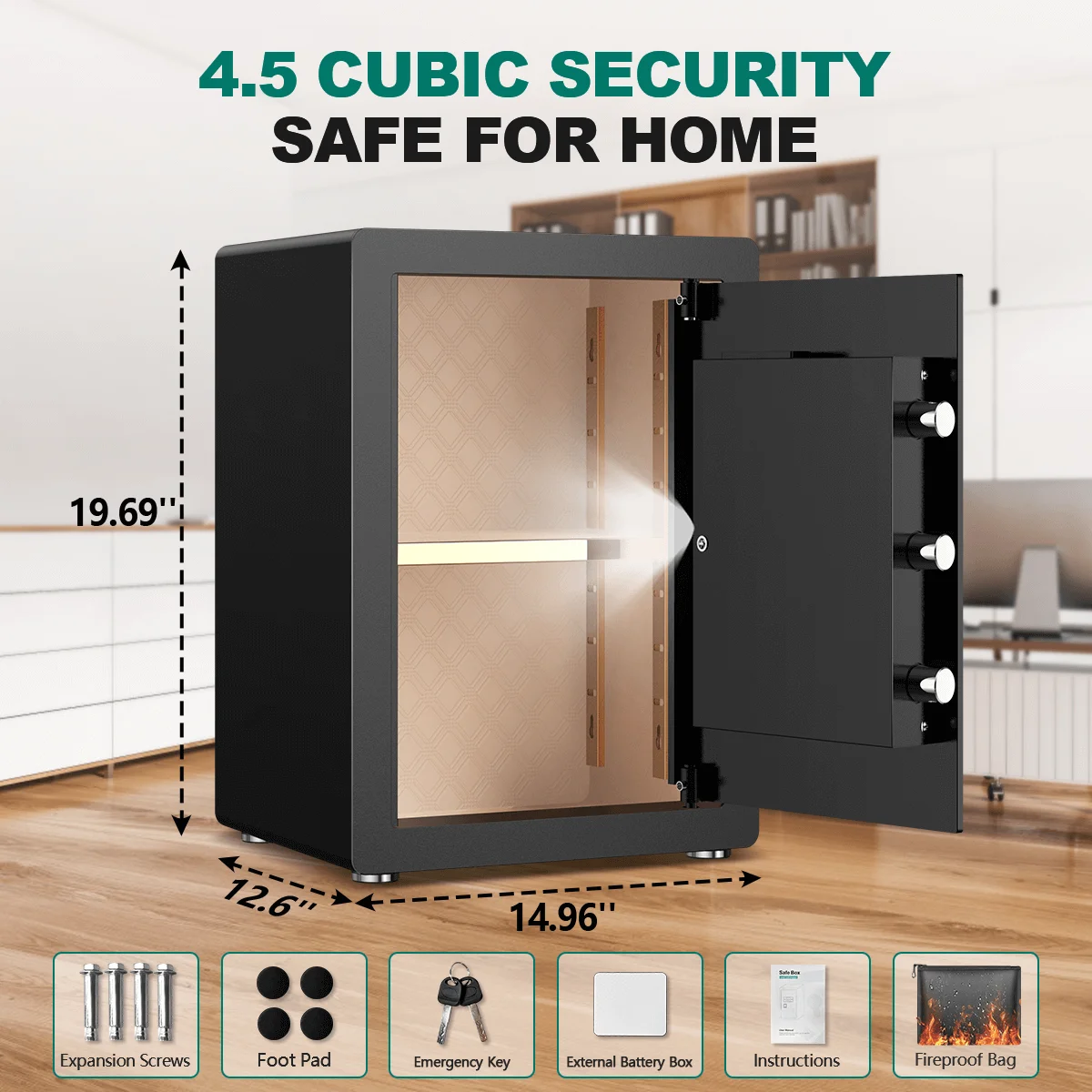 BESAFETY 4.5 Cuft Large Safe Box, Home Safe Security Box With Fireproof Document Bag, LCD Screen, Sensor Light Black