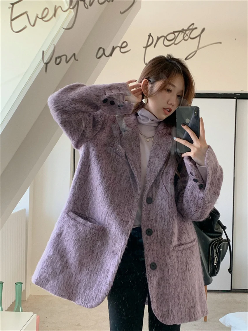 Alien Kitty Purple Women Slim-Fit Blazers Winter Woolen Chic Mujer Office Lady High Street Elegant OL Warm New All Match Coats