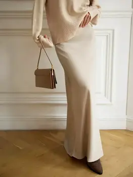 Bornladies 休閒緞面女士半身裙 春夏時尚寬鬆高腰長裙 優雅簡約絲質魚尾裙 8 最佳銷售 緞面長裙 - №5