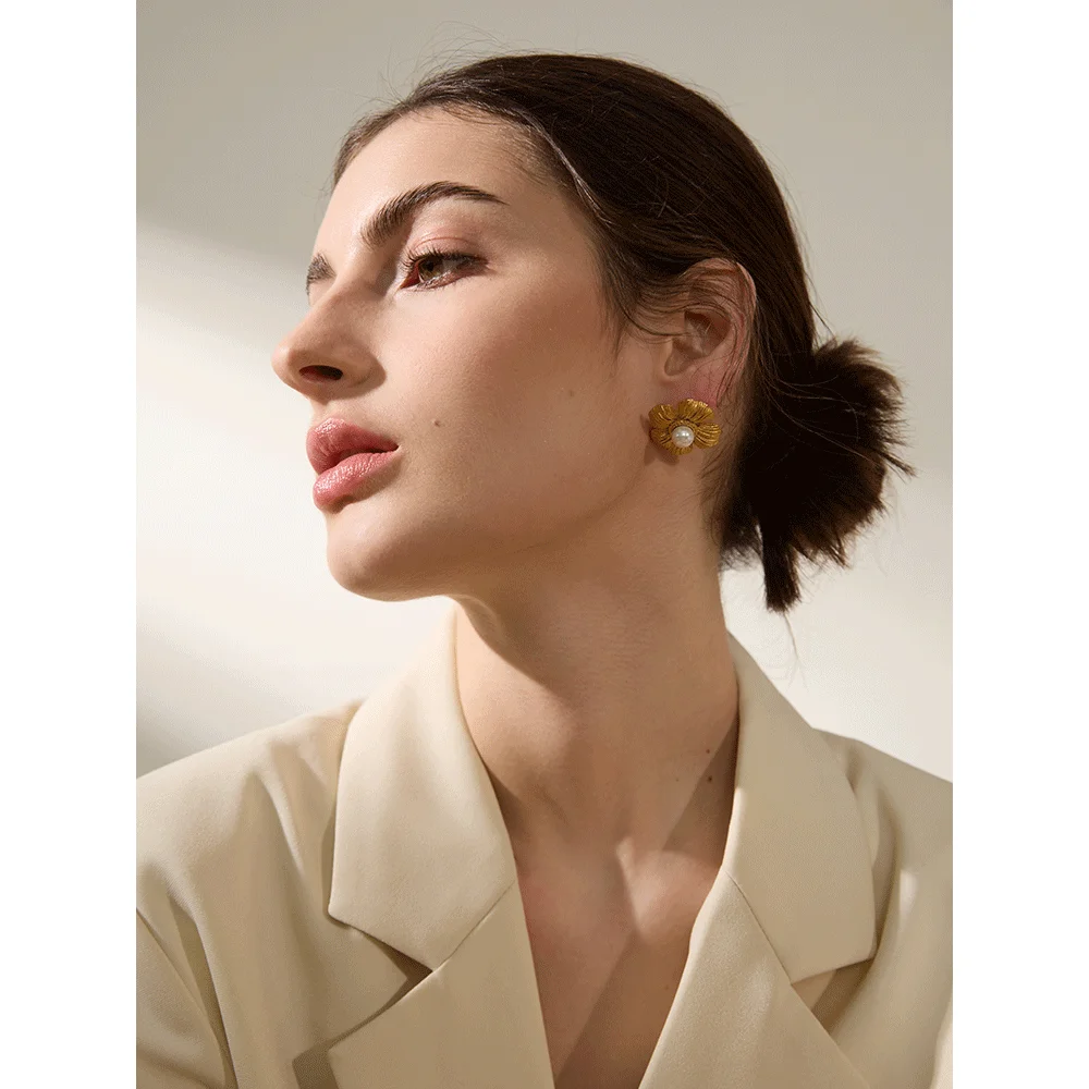 Yhpup Exquisite Stainless Steel Flower Plant Pearl Stud Earrings for Women Texture Anti Allergic High Quality Jewelry Gift